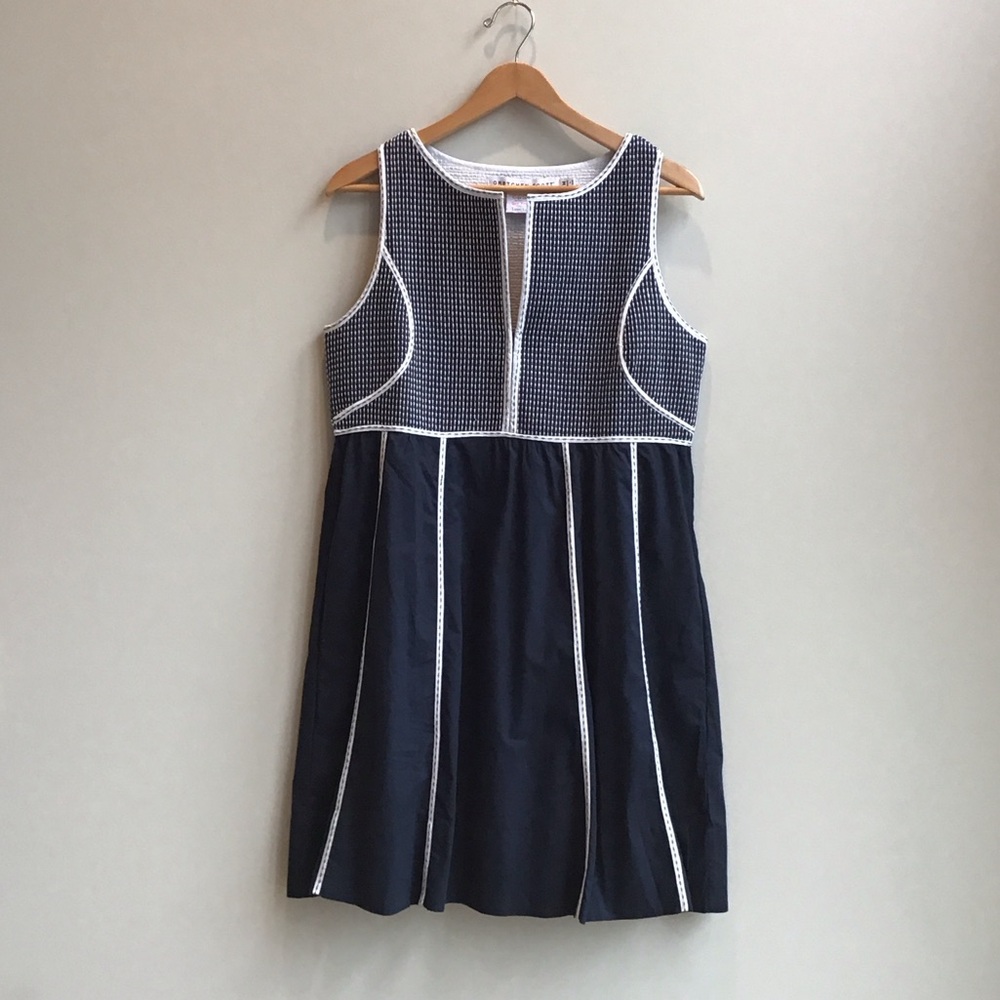 Gretchen‎ Scott Trapunto Tango Cotton Dress Pockets Navy Stripe Detailing DRTTSO